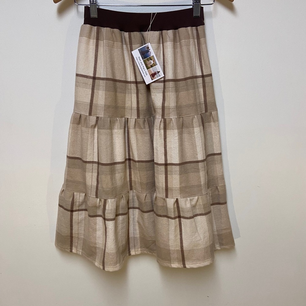 Girls Flannel Mom and Pop's Kids Maxi Skirt 10/12 Tan Brown Plaid Upcycled